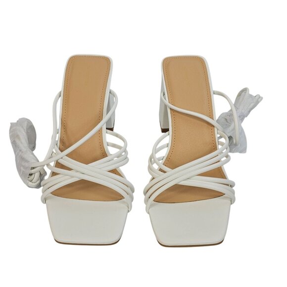 PrettyLittleThing 5/38 White Strappy Block Heel Preppy Summer Party Wedding Y2K - Picture 2 of 16
